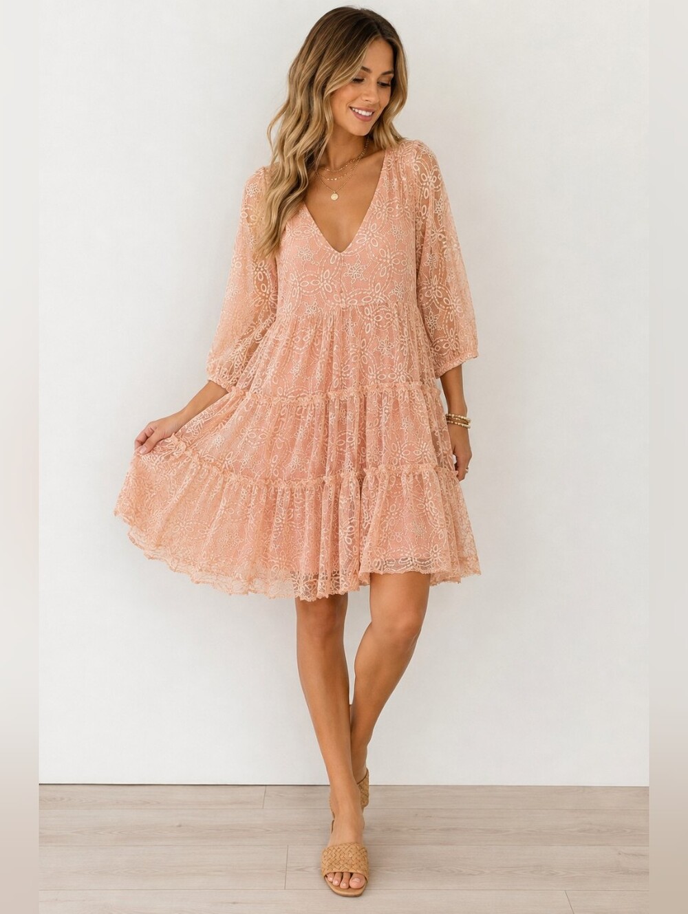 Johnny Was Jade Peach Blush Lace Tiered Boho Dress Size Medium